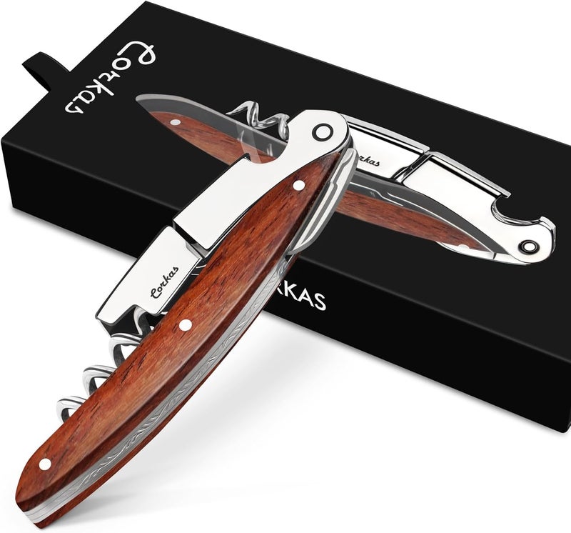 CORKAS Wine Key - Prestige Waiter Corkscrew with Rosewood Handle, Handcrafted Wine Opener Manual with Double Hinged, Foil Cutter and Bottle Opener, Ideal Gifts for Sommelier, Bartenders, Servers - Image 1